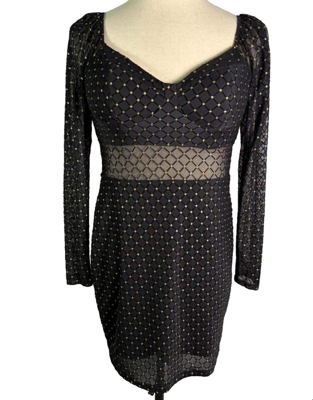AUW Womens Large Black Gold Glitter Mesh Cutout Bodycon Dress Long Sleeve Mini